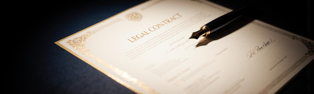 Close-up of a fountain pen resting on a prestigious legal contract